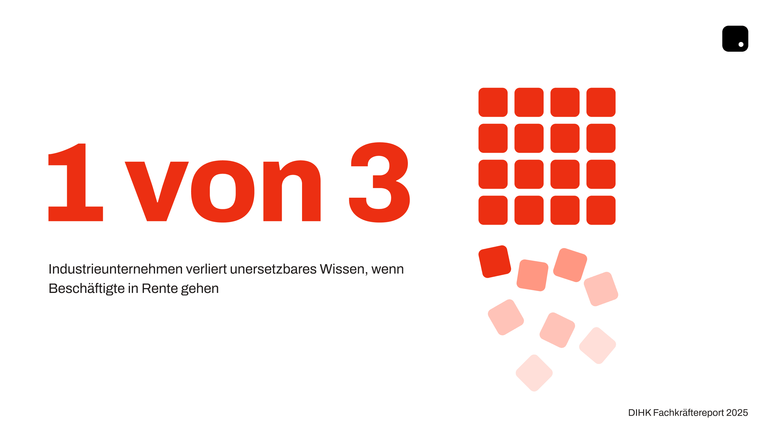 1 von 3 Industrieunternehmen verliert unersetzbares Wissen, wenn Beschäftigte in Rente gehen. Quelle: DIHK Fachkräftereport 2025.